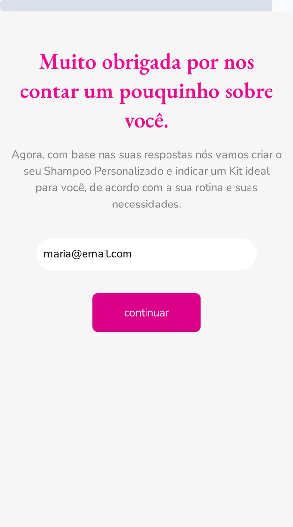 Tela do quiz da Ju Rossi Cosméticos que pede o email antes de mostrar o kit personalizado
