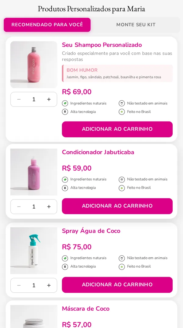 Resultado do quiz da Ju Rossi Cosméticos, com produtos personalizados e botão de adicionar ao carrinho