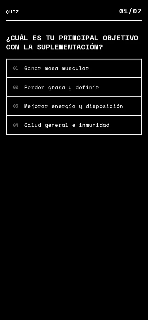 Primera pregunta del modelo Quiz de Suplementos, como se ve en el celular
