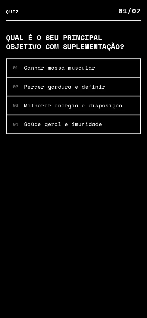 Primeira pergunta do modelo Quiz de Suplementos, como aparece no celular