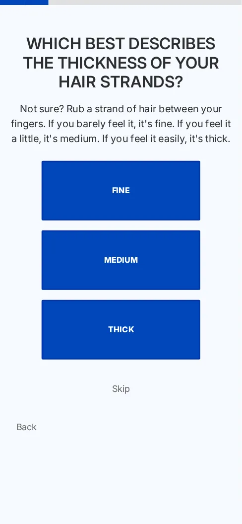 First question of the Hair Quiz template, as shown on a phone