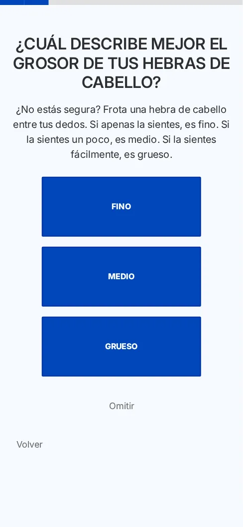 Primera pregunta del modelo Quiz del Cabello, como se ve en el celular