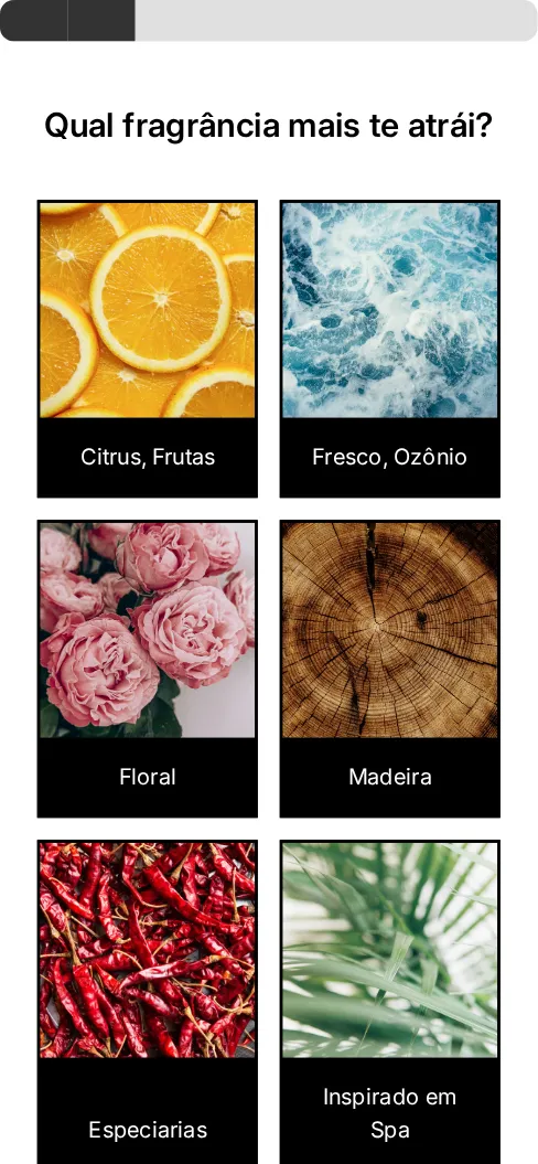 Primeira pergunta do modelo Quiz de Fragrâncias, como aparece no celular