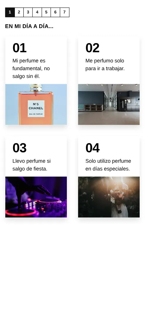 Primera pregunta del modelo Quiz de Perfumes (Editorial), como se ve en el celular
