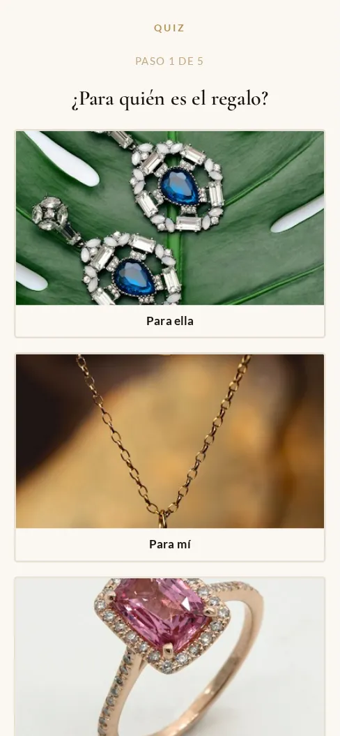 Primera pregunta del modelo Regalo de Joyas, como se ve en el celular