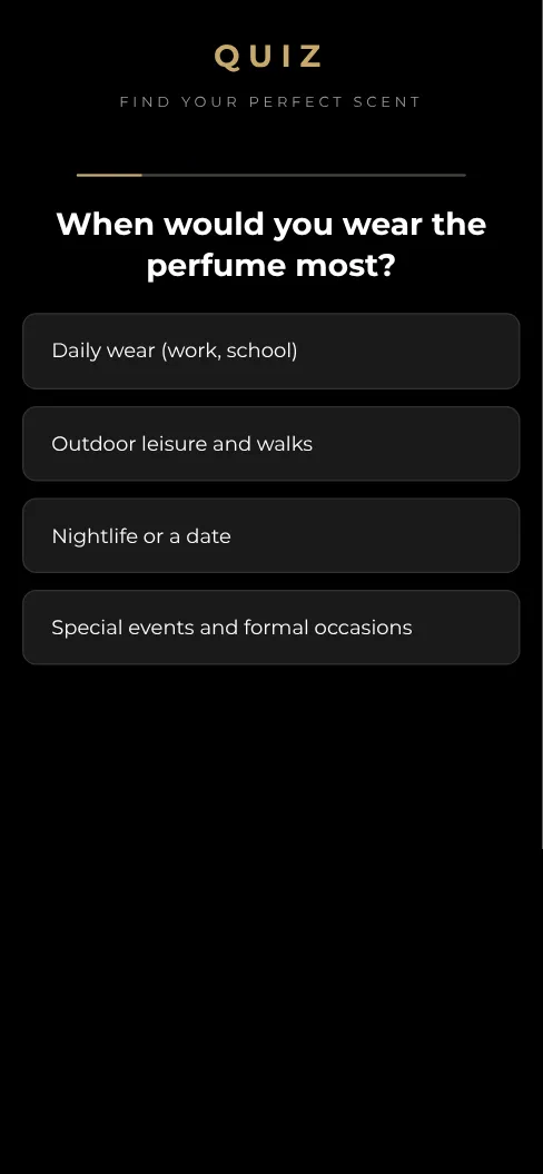 First question of the Perfume Finder (Noir) template, as shown on a phone