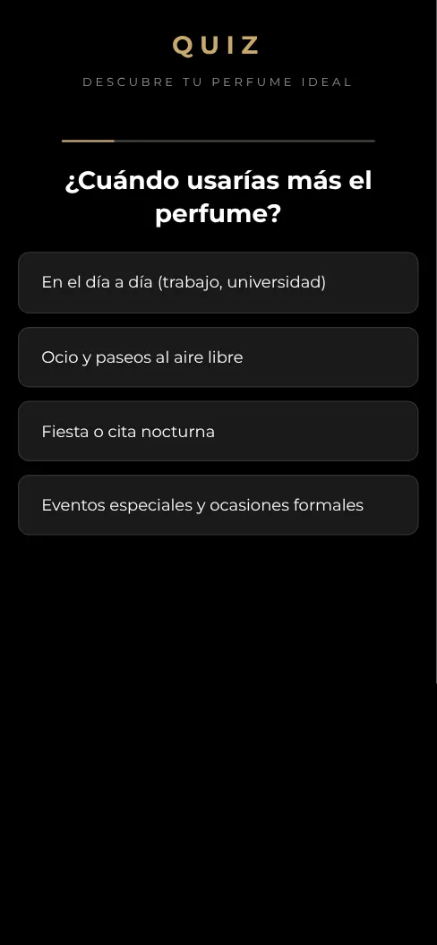 Primera pregunta del modelo Quiz de Perfumes (Noir), como se ve en el celular