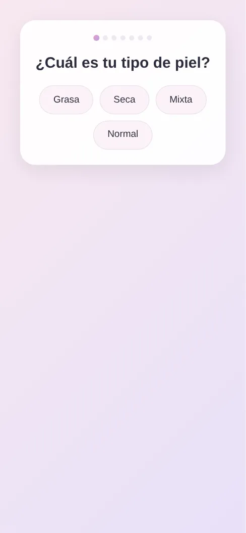 Primera pregunta del modelo Quiz de cuidado de la piel, como se ve en el celular
